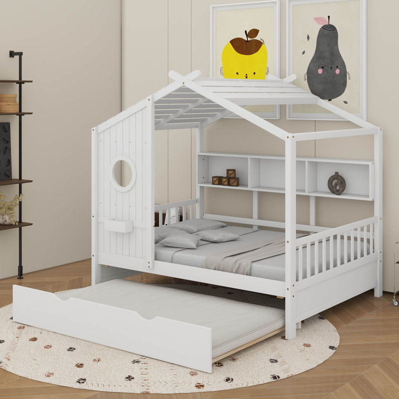 Lit en bois avec tablette de rangement et lit gigogne, Complet/Double, Blanc
