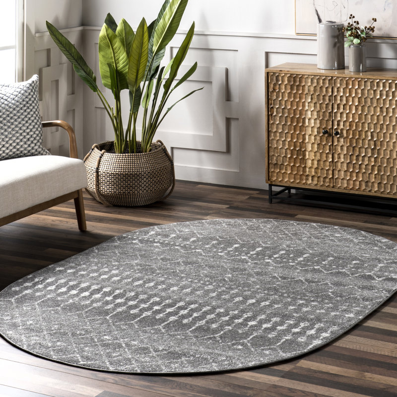 Tapis à motif géométrique marocain gris foncé Amanuel, Ovale 3 pi x 5 pi