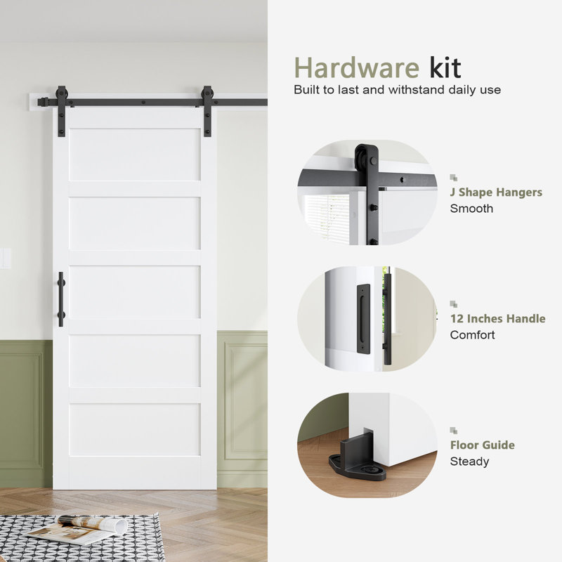 5-Panel Manufactured Wood Barn Door with Installation Hardware Kit, 38" x 84"