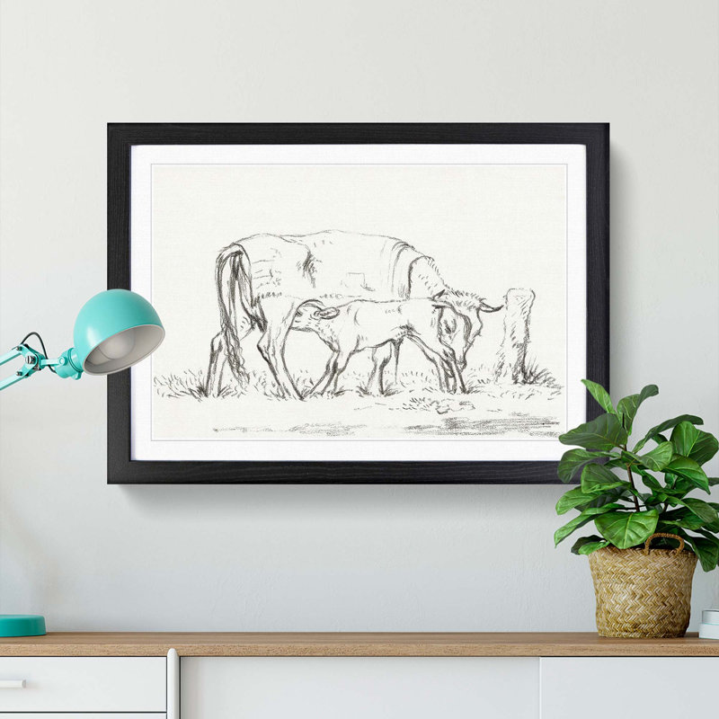 Cow with Calf by Jean Bernard - Picture Frame Painting Print, 27cm H x 36cm W x 2cm D, Black Framed