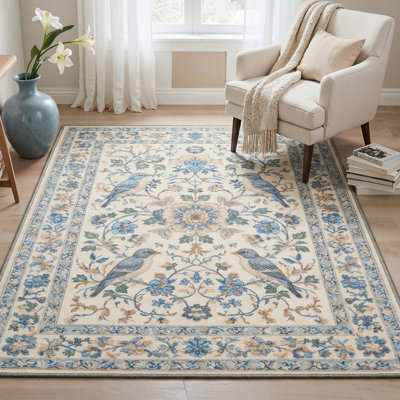 Aura Floral Machine Washable Beige / Blue Indoor Area Rug with Non-Slip Backing