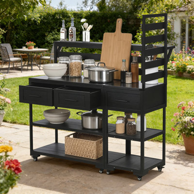 Solid Wood 62.3'' Patio Kitchen Island Kitchen Cart With Stainless Table Top, Garden Potting Bench With Raised Shelf And Drawers