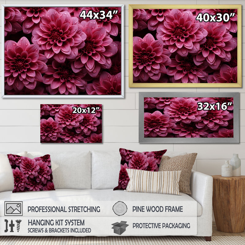 «Pink Chrysanthemums Gardens Collage IV - Chrysanthemums», art mural, H 30 po x l 40 po x P 1,5 po, Cadre de coin blanc fermé