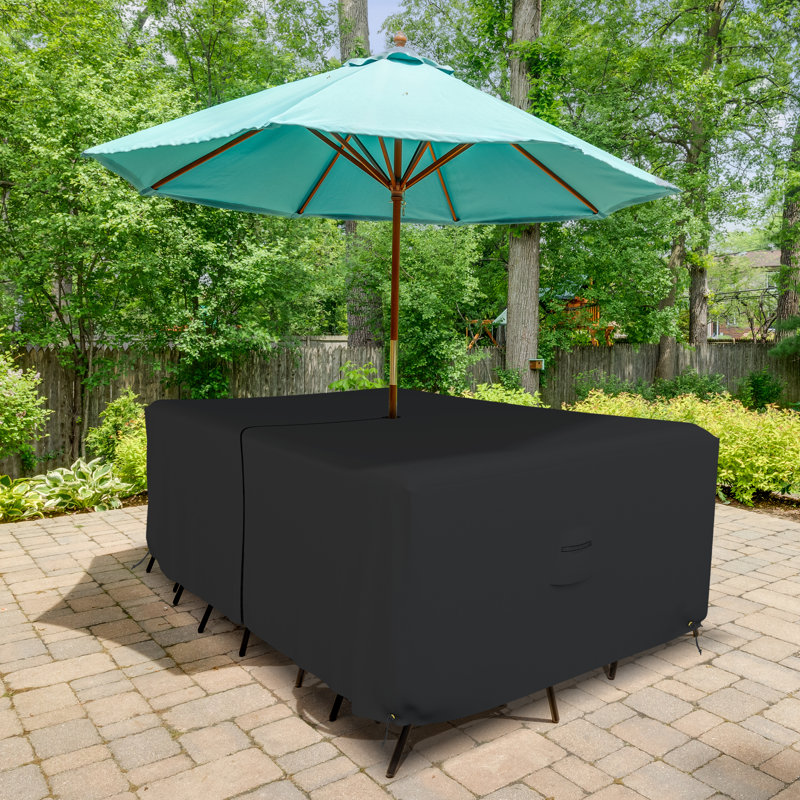 HeavyDuty Multipurpose Waterproof Outdoor Rectangle Dining Table &Chair Set Cover with Umbrella Hole, Black