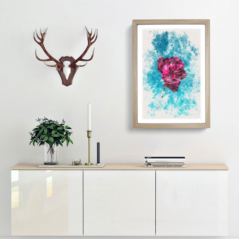 Fuscia Pink Dying Rose Watercolour - Picture Frame Graphic Art, 33cm H x 24cm W x 2cm D, Oak Framed