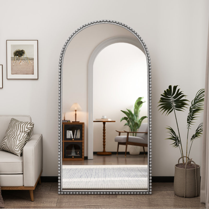 Iron Arch Full Length Mirror With Robust Standing Feet In Silver For Home Arched Solid Supporting Living Room Decor