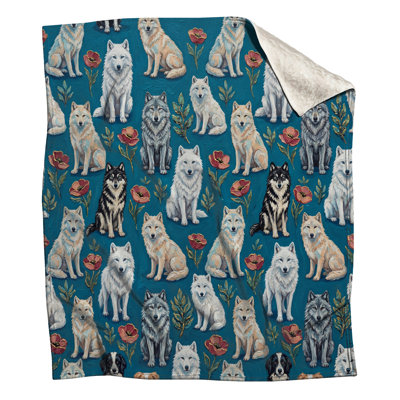 Patterned Wolves And Flowers Blankets