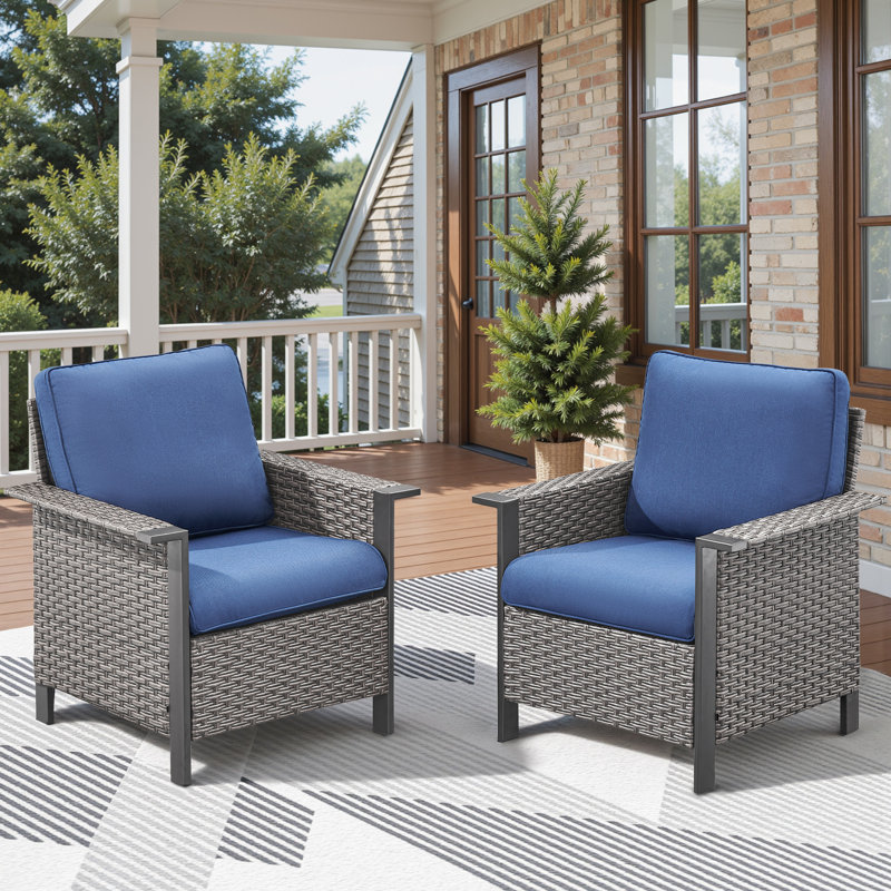 Coady All-Weather Wicker Outdoor Wide Armrest Lounge Chairs With Cushions (Set Of 2), Blue Cushion/Gray Frame