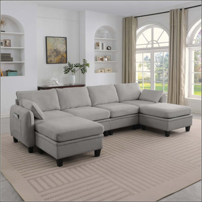 Canapé modulaire en chenille, canapé en forme de L avec repose-pieds de rangement, combinaison de bricolage pour le salon