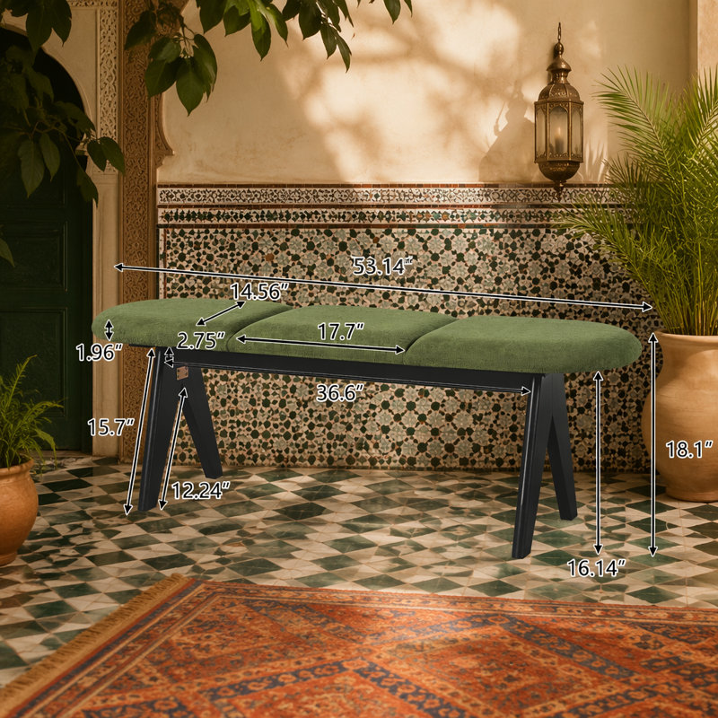 Banc rembourré avec pieds en bois noir, siège en tissu vert, fabrication en bois massif et manufacturé, capacité de 250 lb, banc d'entrée 53 po pour le salon et la chambre à coucher
