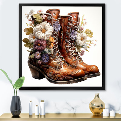 Art mural brun avec bottes Western Flower Blossoms II - Cowboys