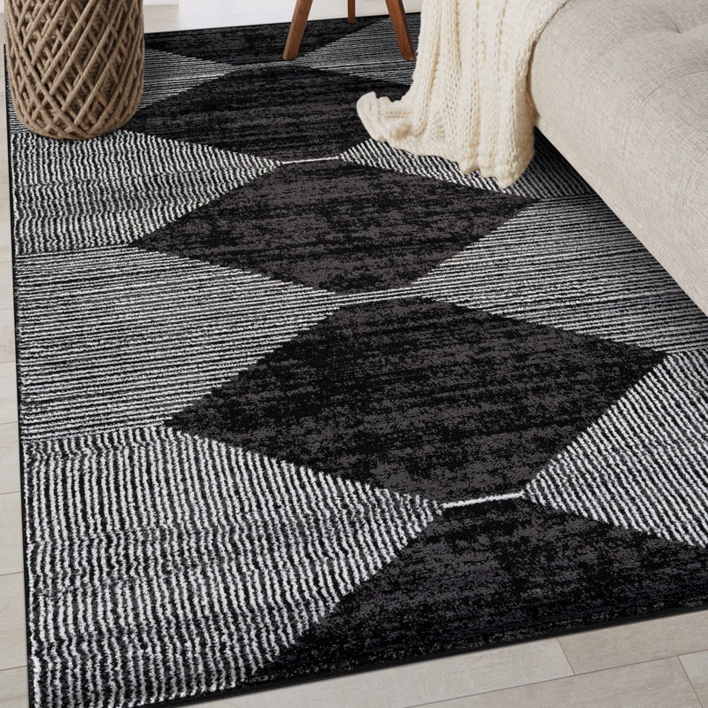 Tapis noir à rayures géométriques ivoire, Rectangle 4 pi x 6 pi