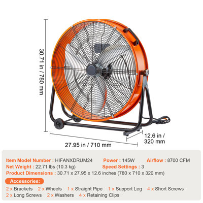 Ventilateur industriel à tambour de 61 cm (24 pouces) à haute vitesse, robuste et inclinable à 360°, idéal pour un usage commercial intensif. 3 vitesses, 8600 CFM. Parfait pour entrepôt, atelier, usine ou sous-sol.