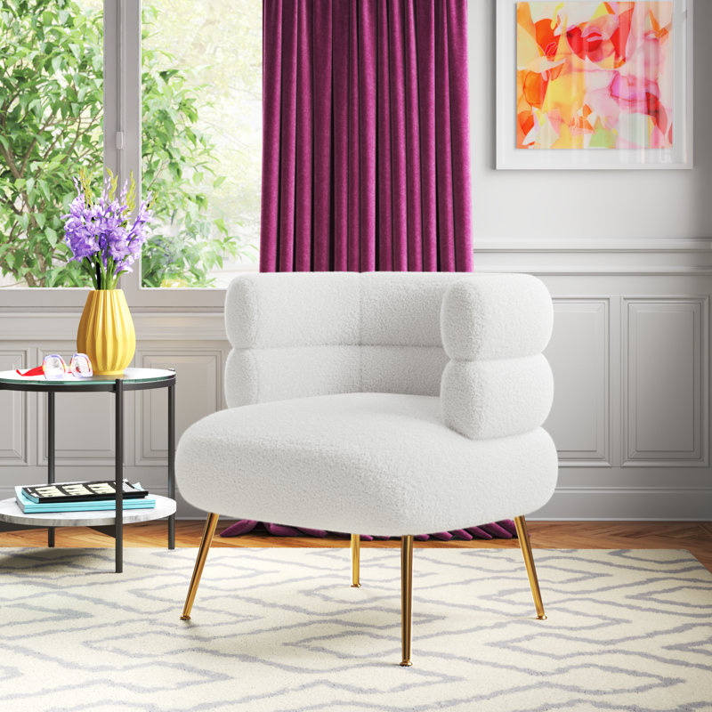 Demetrius  30" W Upholstered Barrel Chair, White Teddy Fabric