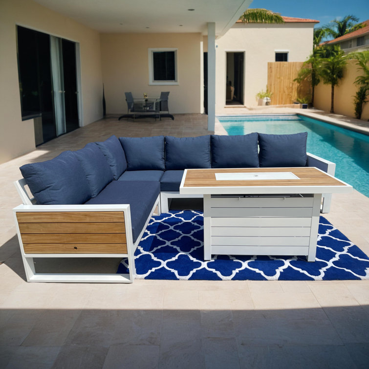 Ensemble de canapé modulaire d'extérieur en aluminium 5 pièces avec coussins et foyer