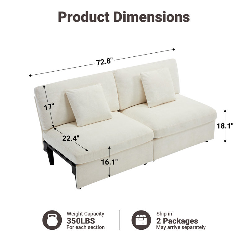 2 Piece 72.8'' Armless Modular Sofa, Beige