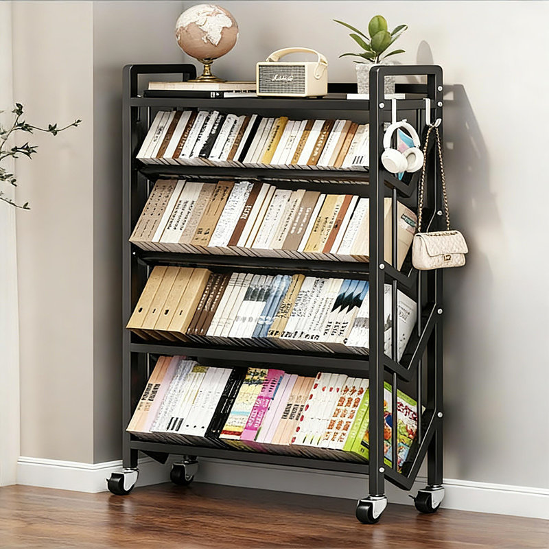 Bibliothèque à roulettes à 5 niveaux avec roulettes - Bibliothèque moderne en acier au carbone pour le salon, le bureau et la chambre à coucher