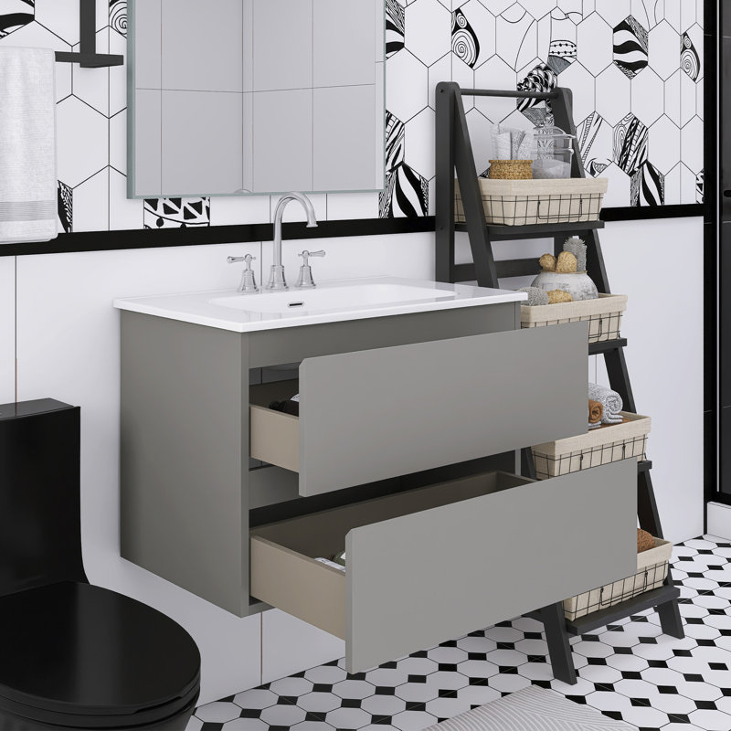 Meuble-lavabo flottant mural 30 po avec lavabo en céramique blanche, Gris
