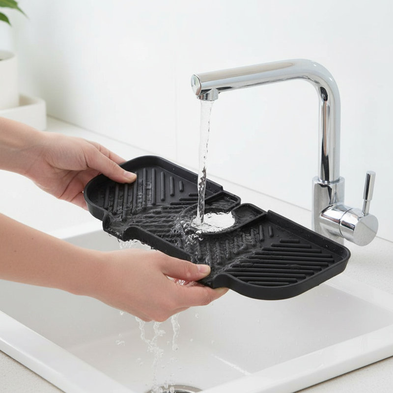 Kitchen Faucet Drain Mat - Silicone Sink Splash Guard Pad For Organizing Cleaning Supplies & Preventing Water Mess, Black