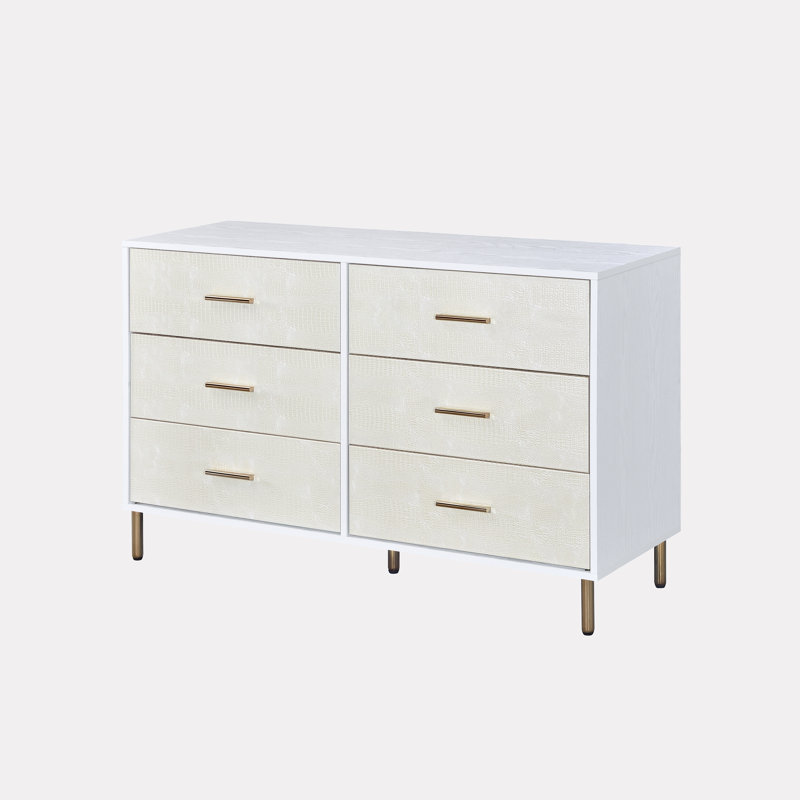 Commode rectangulaire à 6 tiroirs, Blanc / champagne