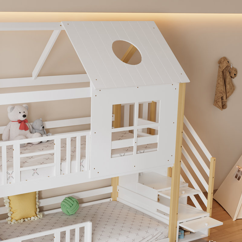 Bunk Bed With Storage Staircase – House Bed Frame With Roof, Window & Safety Rails, Pine & MDF, White, 90 X 200Cm