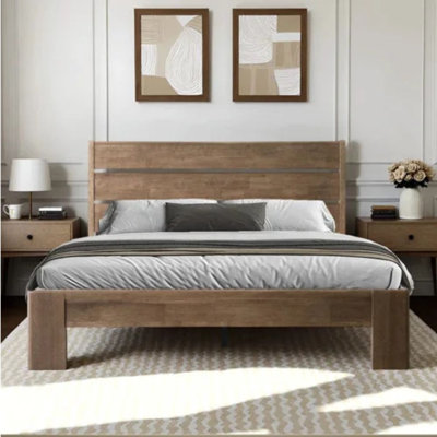 Full Size Solid Wood Platform Bed Frame, Headboard & Footboard, 12 Heavy-Duty Slatted Design, Center Metal Legs, Easy Assembly, No Box Spring Needed, Anti-Noise & Slip-Free, Barnwood Finish