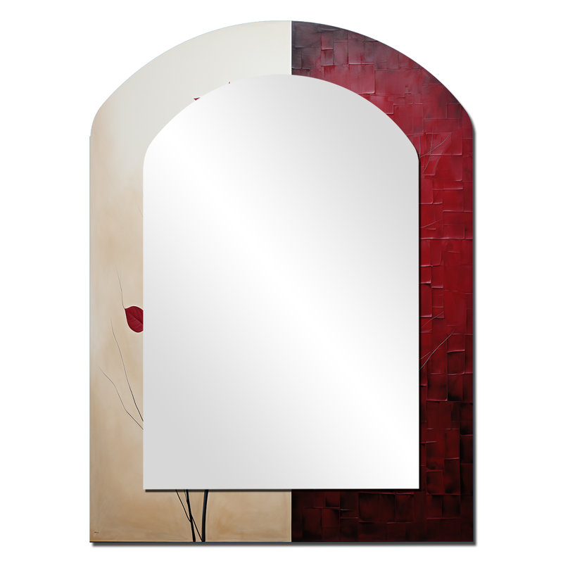 Bordeaux Bold Leaf I - Leaves Arch Large Wall Mirror, Red Asymmetrical Decorative Mirror, Printed Metal Art, 34" x 25"