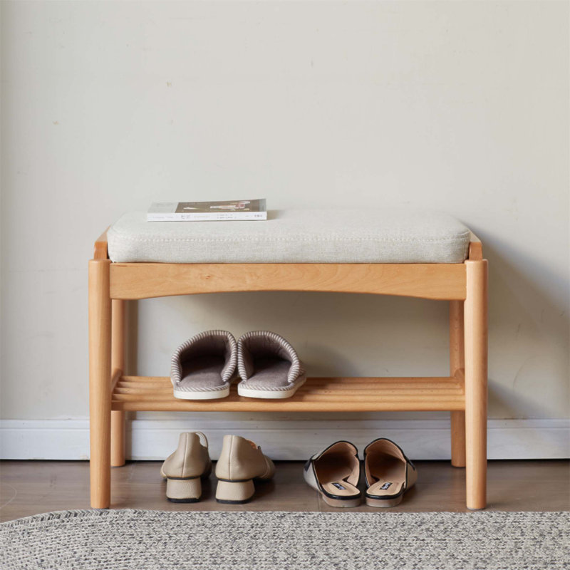 Banc à chaussures en bois massif, rangement Mid-Century moderne avec coussin éponge à rebond élevé pour le vestibule et les espaces de vie