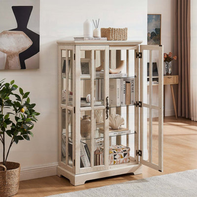 Armoire haute blanche en verre à double treillis avec bande lumineuse RVB en couleur et 3 tablettes réglables pour un rangement et une présentation polyvalents