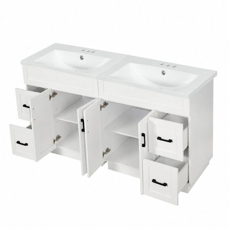Meuble-lavabo avec 4 portes d'armoire, 4 tiroirs et 2 tablettes réglables, White