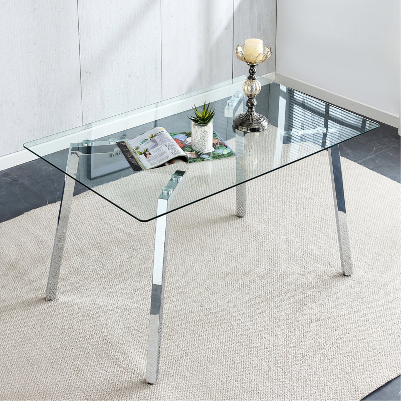 Table de salle à manger en verre moderne minimaliste pour 4 à 6 personnes avec plateau en verre trempé de 0,31 po et pieds en métal plaqué