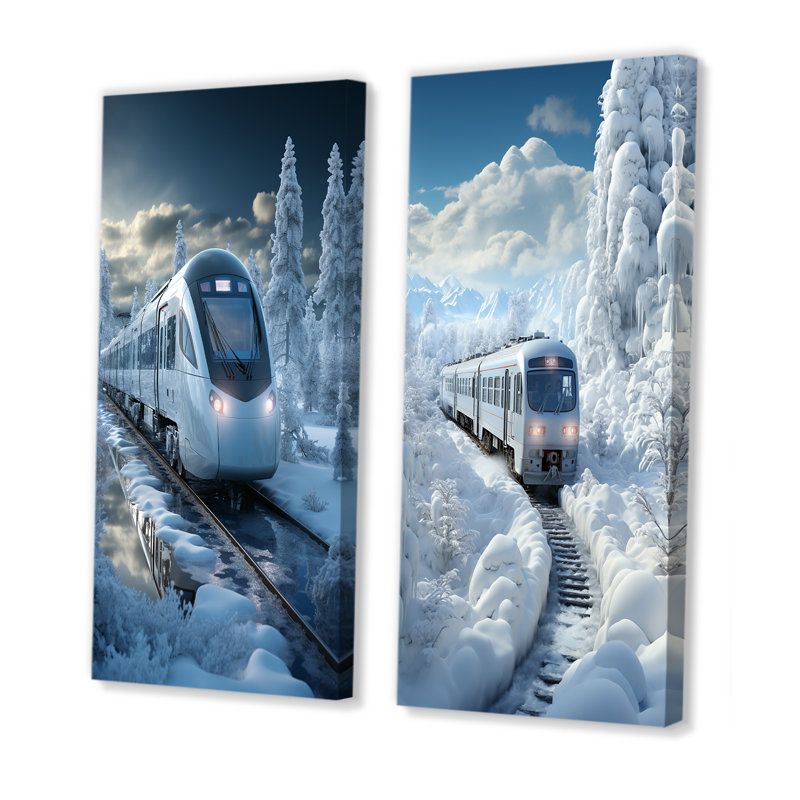 «Christmas Snow Train Journey I - Transport train», ensemble de 2 reproductions d'art mural, Toile tendue, H 28 po x l 25 po