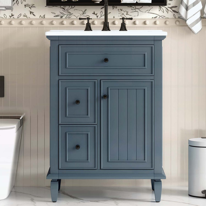 24 Inch Bathroom Vanity with Sink,Cabinet with Flip and Side Drawers, Blue Grey