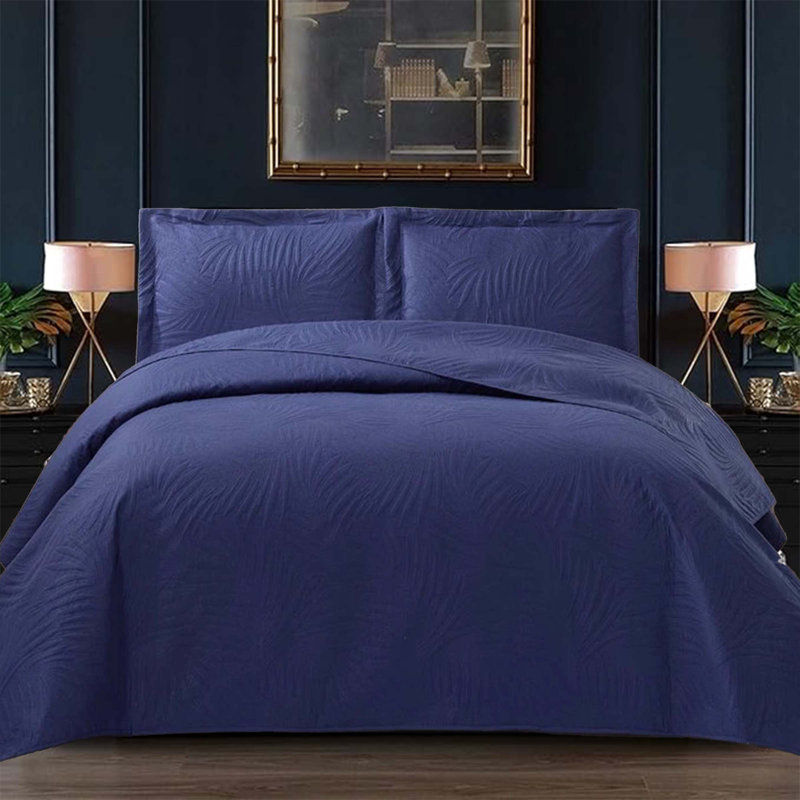 Polyester Floral Bedspread with Pillow Shams, Blue, Double Bedspread  + 2 Standard Pillow Shams