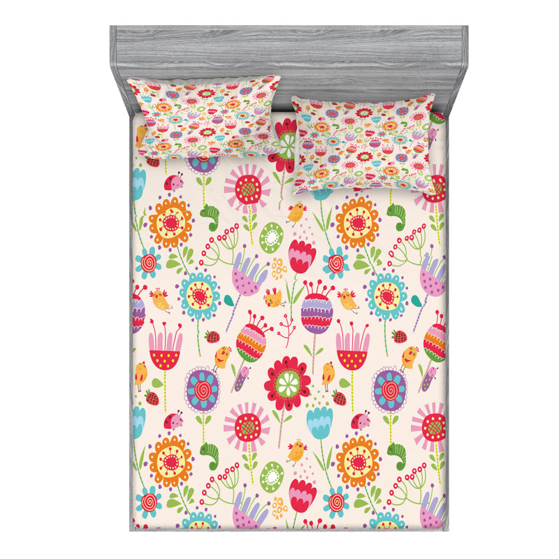 Microfiber Floral Sheet Set, Full Sheet Set + Fitted Sheet + 2 Pillowcases, Pink/Red/Blue Floral