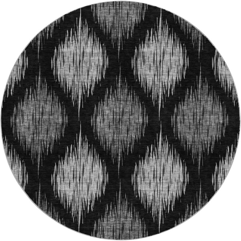 Tapis Ikat ADS848 de qualité supérieure lavable à la machine, Noir, Rond 8 pi