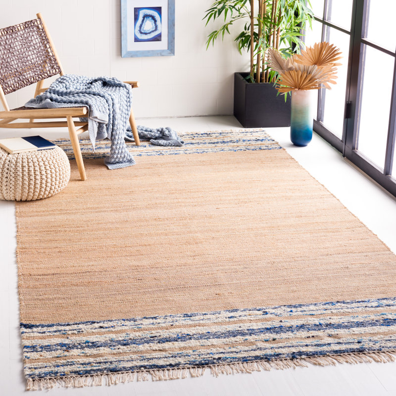 Tapis en jute / laine / coton tissé à la main Makensy en brun / bleu marine, Rectangle 6 pi x 9 pi
