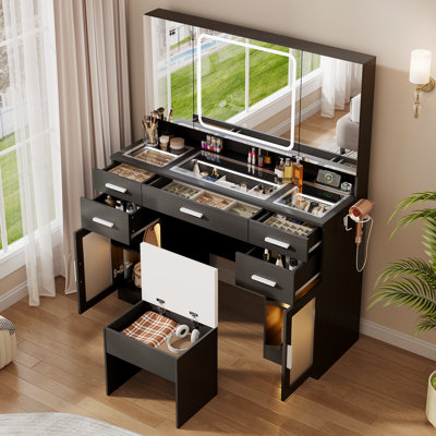 Ato Makeup Vanity Desk With Led Mirror & Power Outlets, Glass Top & 5 Drawers, Dressing Table With 2 Lighted Cabinets