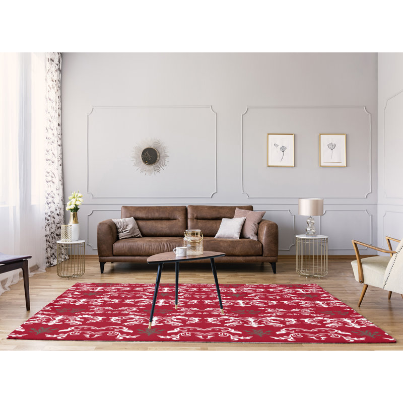 Tapis rouge / blanc Damask, Rectangle 8 pi x 10 pi