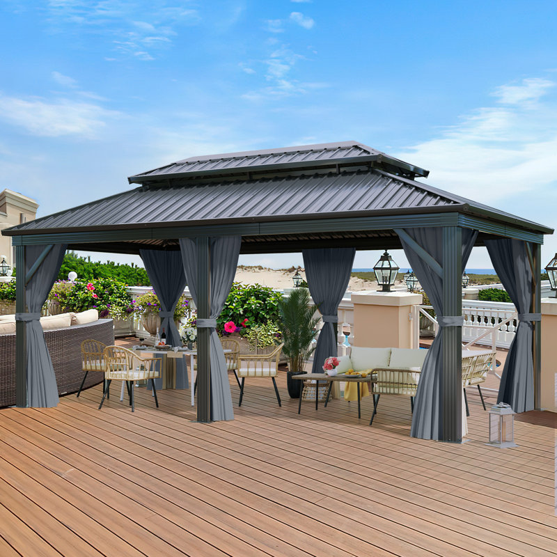 Outdoor Metal Hardtop Patio Gazebo with Privacy Curtain and Mosquito Netting, 18 ft x 12 ft
