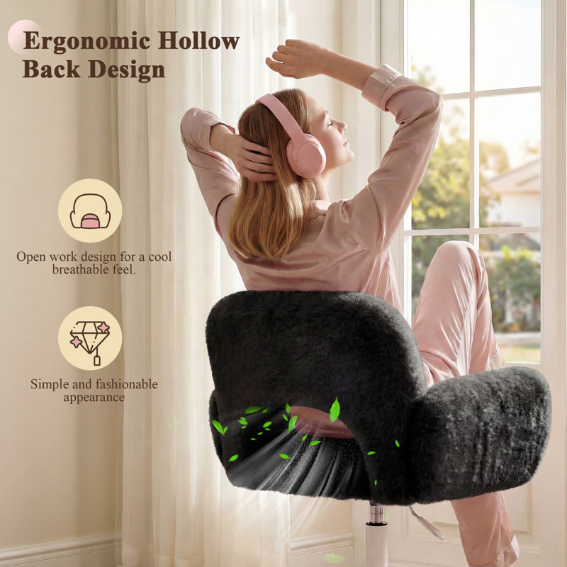 Cute Vanity Chair with Hollow Round Back – Adjustable Swivel Make-Up Chair for Bedroom, Vanity Desk & Home Office, Black