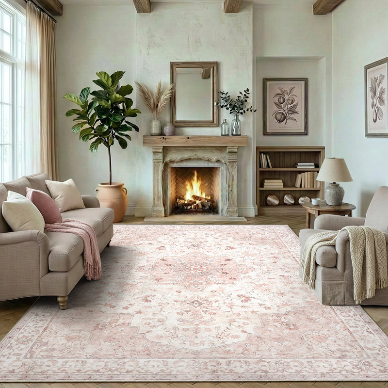 Oriental Inspired Vintage Machine Washable Area with Non-Slip Backing for High Traffic Area, Living Room, Bed Room, Kitchen, Hallway, Entryway Rug