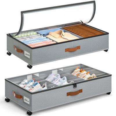 Under Bed Storage With Wheels, 2 Pack Under Bed Storage Containers With Adjustable Dividers & Clear Window, Rolling Underbed Organizer Bins Drawers For Clothes, Shoes, Blankets, Grey