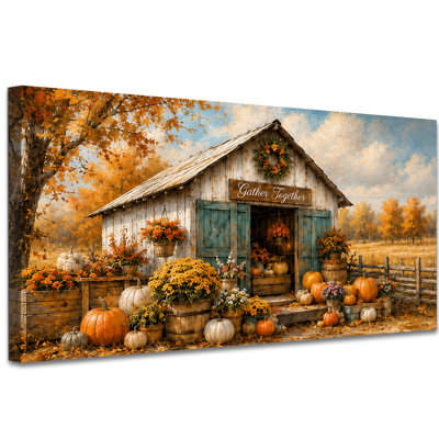 Automne, art mural sur toile, ferme rustique, peinture d'automne, scène de grange d'automne avec citrouilles et fleurs, «Gather Together», décoration intérieure pour salon,