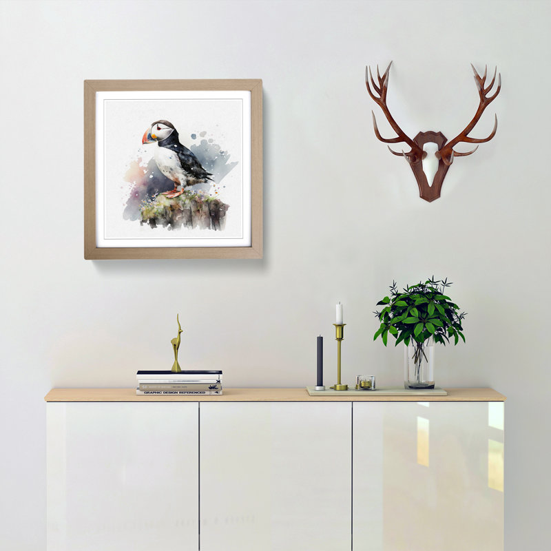 Puffin Watercolour - Single Picture Frame Print on Wood, Oak