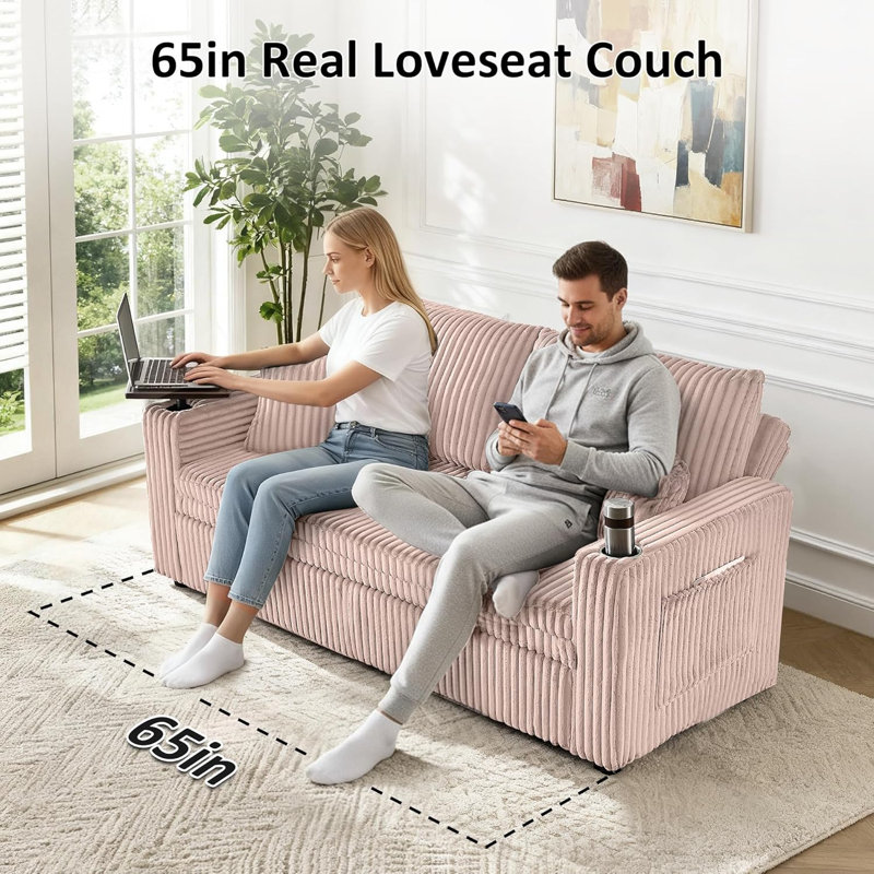 65 In Full Sleeper Sofa Bed, Convertible Pull Out Couch With Small Table, Pink