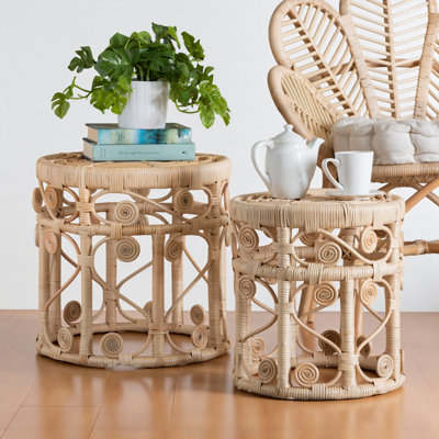 Valnor Natural Brown Rattan 2-Piece Nesting End Table Set in Modern Bohemian Style
