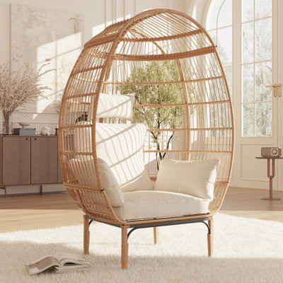 Méridienne Attan Egg avec coussins amovibles - Fauteuil suspendu en osier pour terrasse, jardin, bord de piscine