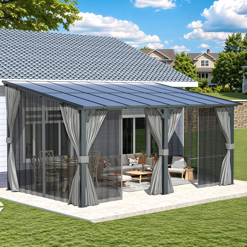 Lean-To Wall-Mounted Pergolas With Curtains And Netting, 96" H x 192" W x 120" D