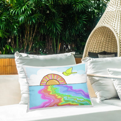 Swirling Rainbow Sea Reflection Design by Katie Conley Outdoor Printed Pillow